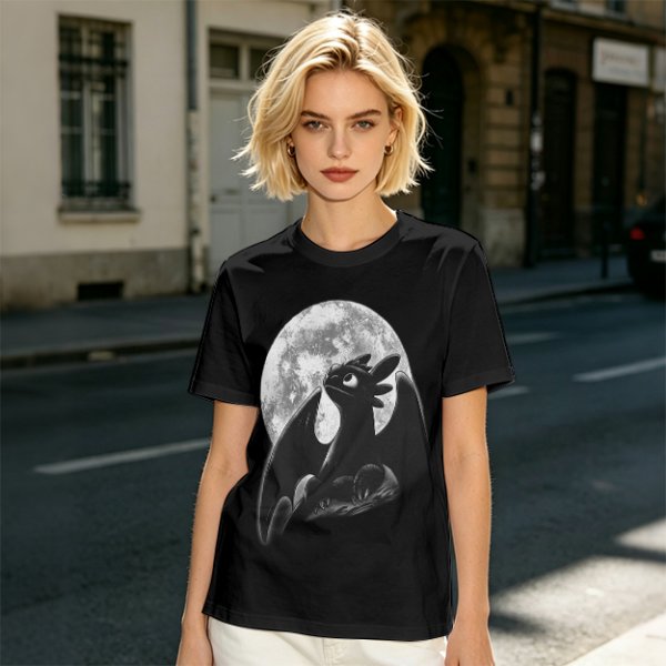 Olive T-Shirt Featuring Toothless Dragon Against Full Moon