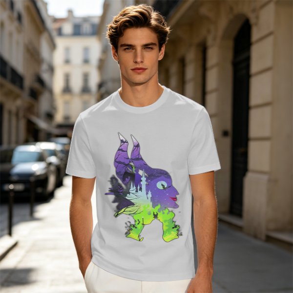 Olive green t-shirt with Maleficent fantasy silhouette graphic
