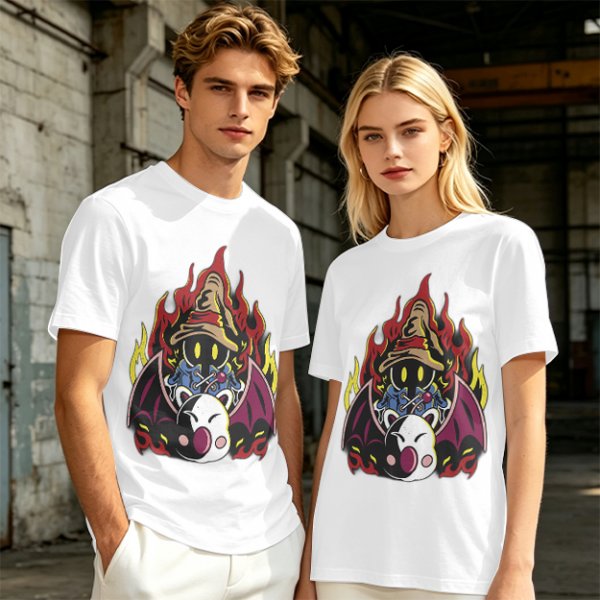 Olive T-shirt with Final Fantasy Vivi and Moogle Fire Artwork