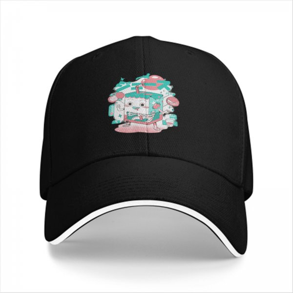 Black Baseball Cap with Cute Cartoon Juice Box Character Print