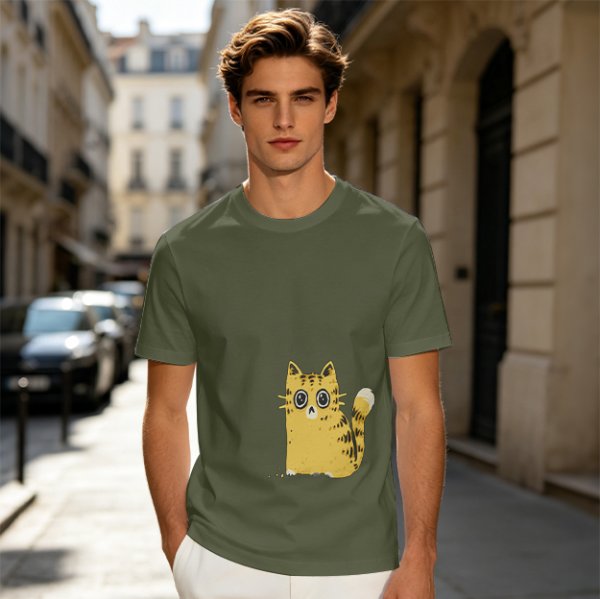 Olive Green T-Shirt With Surprised Yellow Tabby Cat Graphic