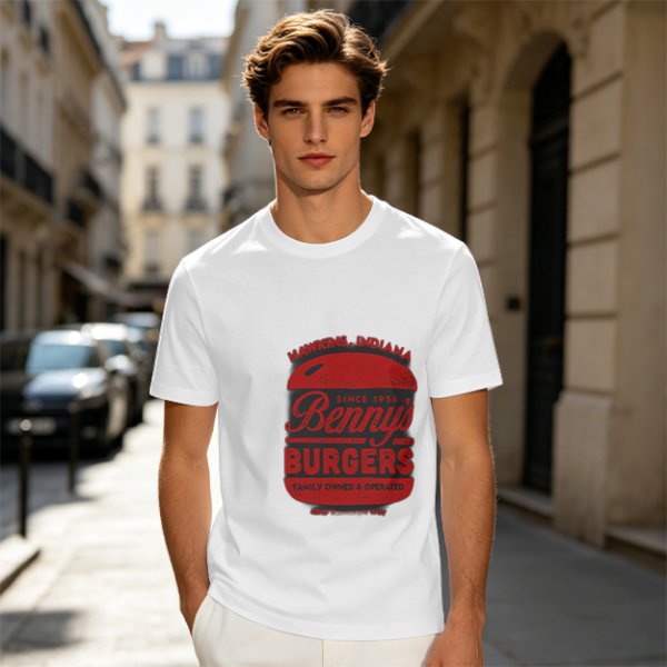 Olive green t-shirt with Benny's Burgers Hawkins Indiana graphic