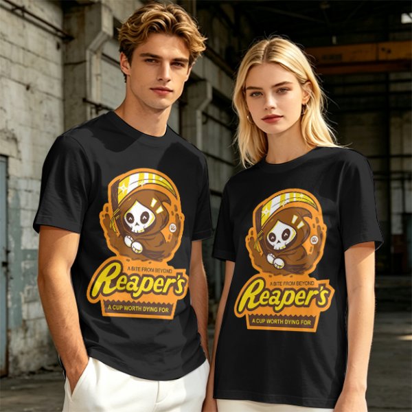 Olive green graphic t-shirt with cute reaper coffee themed print
