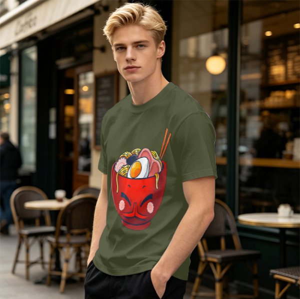 Olive T-Shirt With Cute Cartoon Ramen Bowl Graphic