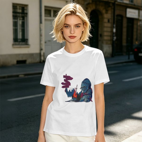 Olive T-Shirt With Dark Souls Knight At Campfire Death Sign Print