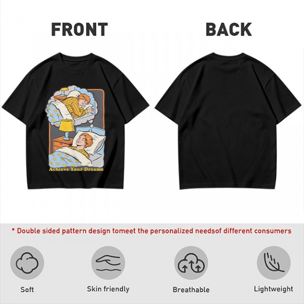 Olive graphic t-shirt with sleeping person and 'Achieve Your Dreams' text