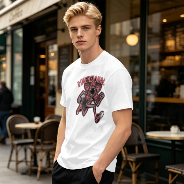 Olive green t-shirt with dimensional demogorgon graphic print