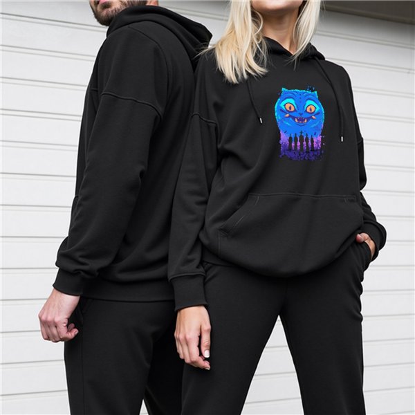 Black hoodie with blue Cheshire cat and silhouetted figures graphic