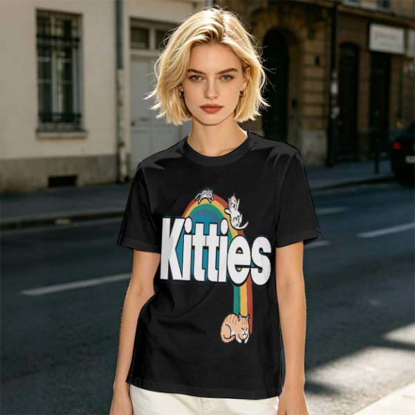 Olive Green T-Shirt With Kitties Rainbow Graphic Design