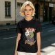 Olive T-shirt with cartoon T-Rex holding small dinosaurs and RAWR text