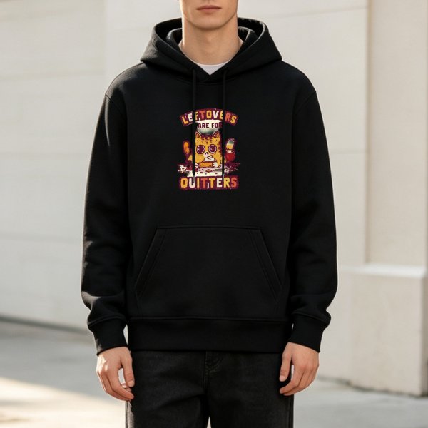 Black hoodie with 'Leftovers Are For Quitters' cat graphic