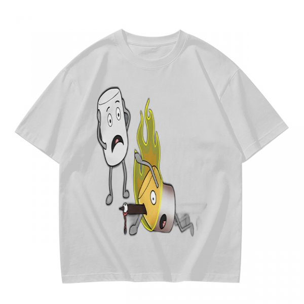 Olive T-Shirt With Cartoon Marshmallow and Burning Character Print