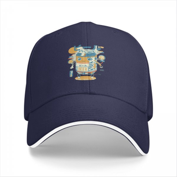 Black baseball cap with cartoon beer can robot graphic