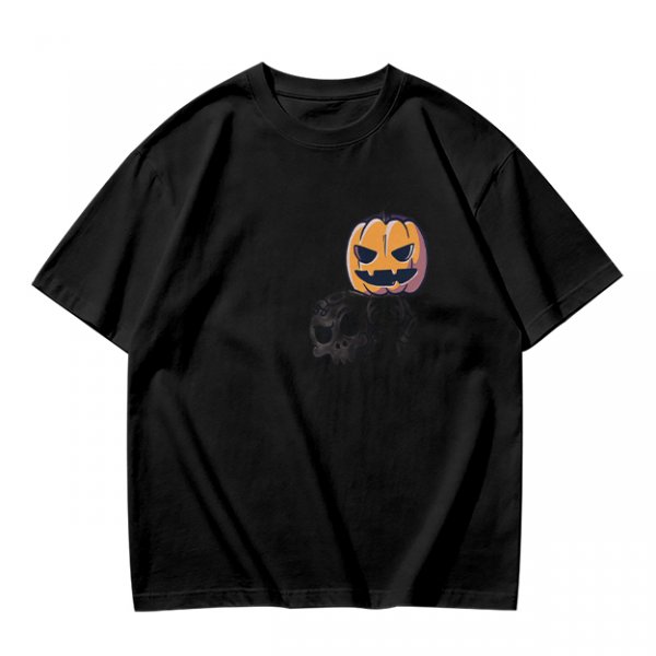 Olive Green T-Shirt with Halloween Jack-o'-Lantern and Skull Print