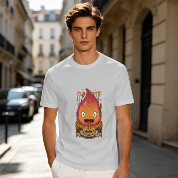 Olive t-shirt with Calcifer Fire Demon graphic print