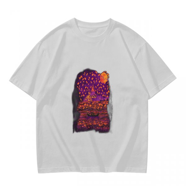 Olive T-Shirt with Purple Sunset Boat Scene Graphic