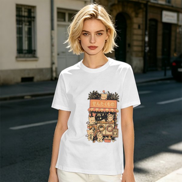 Olive T-Shirt With Cute Cats Doing Laundry Graphic