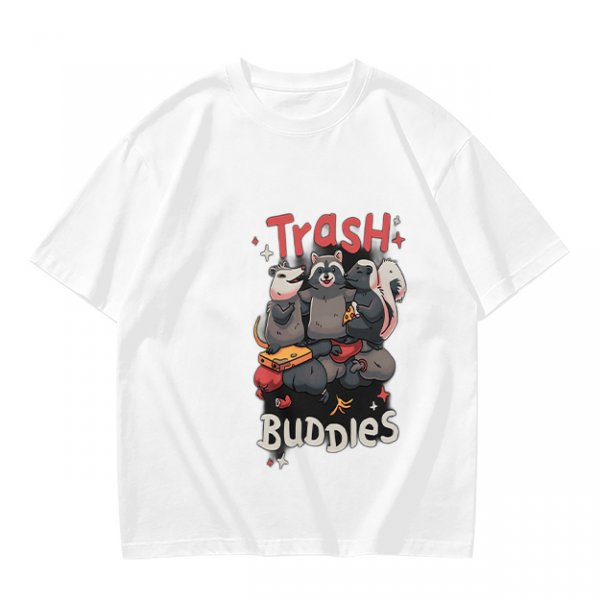 Olive green t-shirt with Trash Buddies raccoon possum and skunk graphic