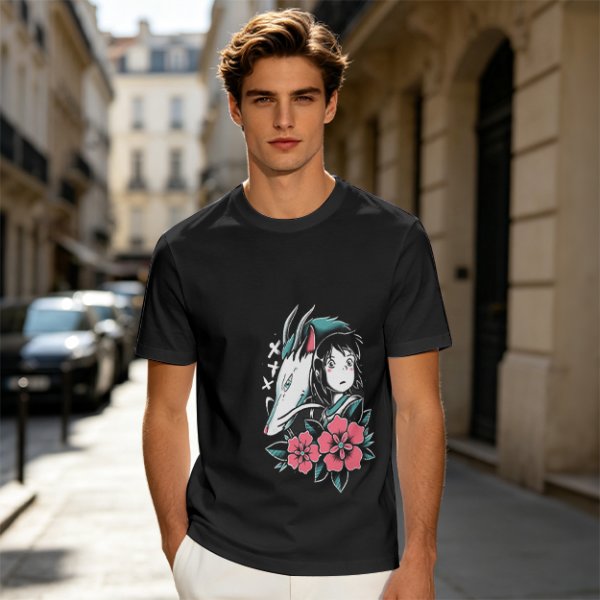 Olive T-shirt with Spirited Away Haku and Chihiro Anime Art Print