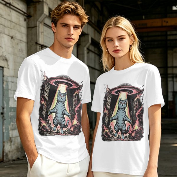 Olive T-Shirt with UFO Abducting Cat Over Burning City