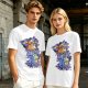 Olive green t-shirt with cartoon characters in cosplay graphic