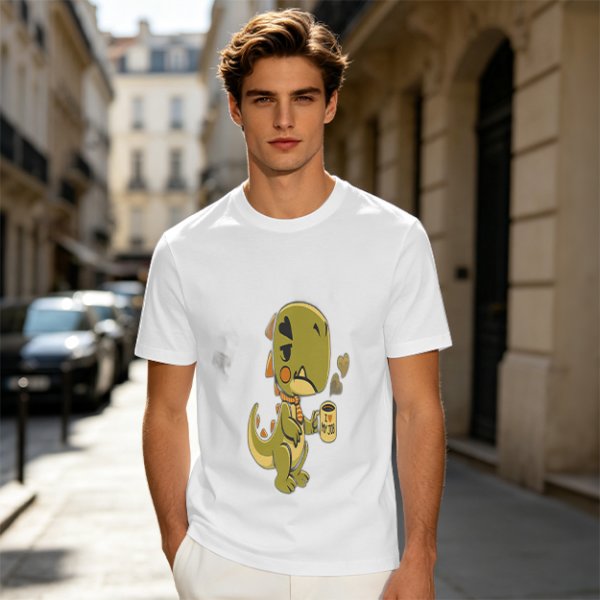 Olive T-shirt with a grumpy cartoon dinosaur holding a coffee mug