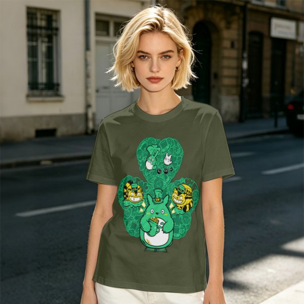 Olive Green T-Shirt With Studio Ghibli Clover Graphic Print