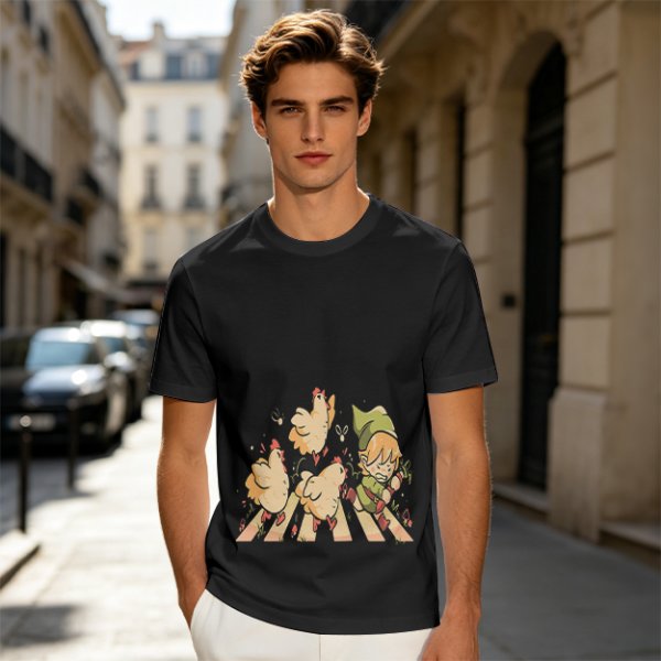 Olive Green T-Shirt With Chasing Chickens And Elf Character Print