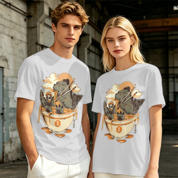 Olive T-Shirt Featuring Godzilla Eating Ramen Noodles