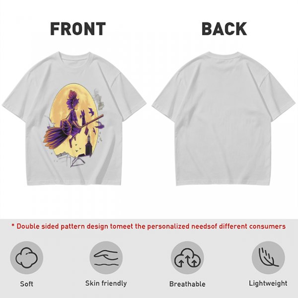 Olive t-shirt with witch flying on broom against full moon