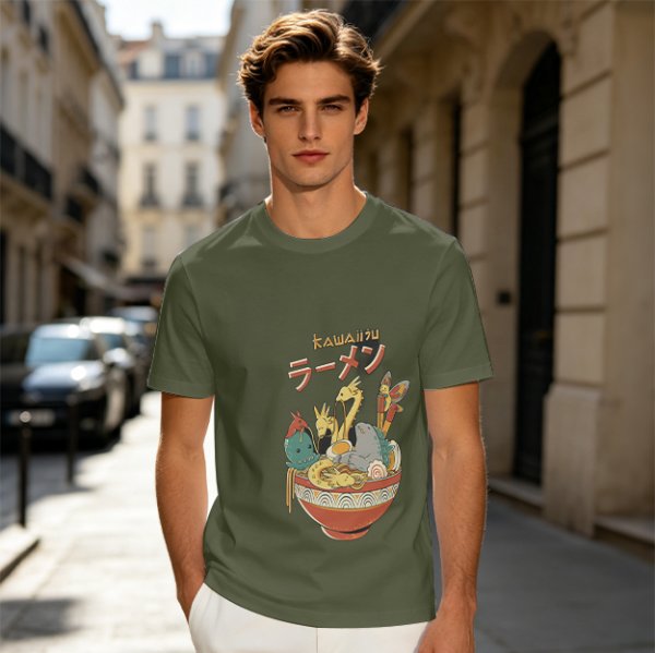 Olive T-Shirt with Kawaii Ramen Monster Bowl Graphic