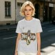 Olive green graphic t-shirt with zebra stripe design