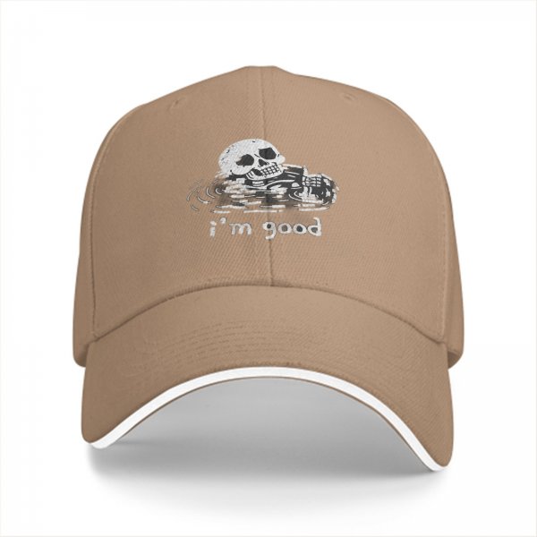 Black baseball cap with skull graphic and 'i'm good' text