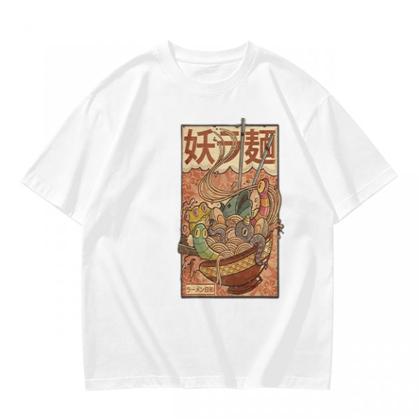 Olive T-shirt with Vintage Yokai Ramen Bowl Graphic Print