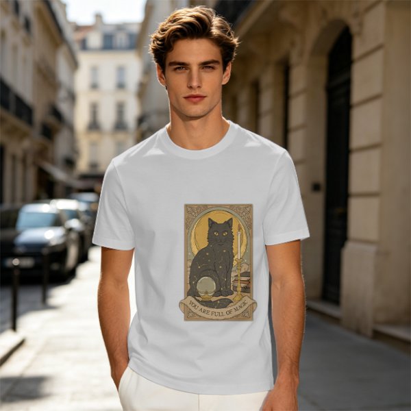Olive T-Shirt With Black Cat Tarot Card Art That Says You Are Full Of Magic
