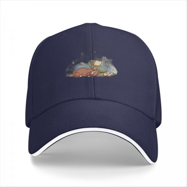 Black baseball cap with whimsical sleeping character and butterfly print