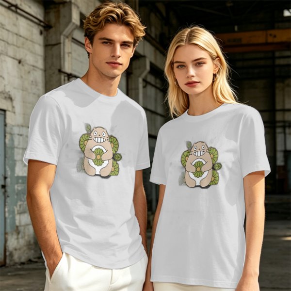 Olive Green T-Shirt With Cute Totoro And Leaf Print