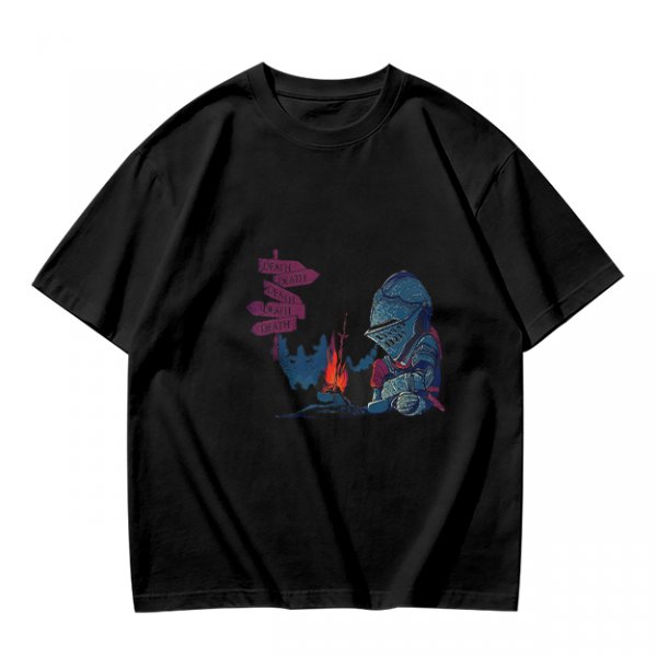 Olive T-Shirt With Dark Souls Knight At Campfire Death Sign Print
