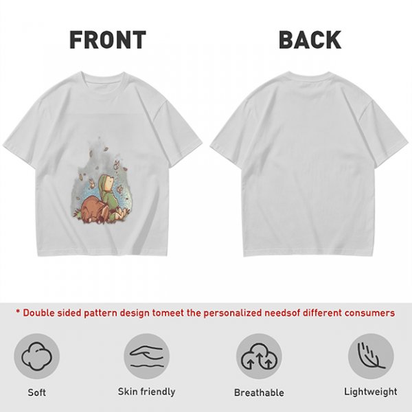 Olive green t-shirt with whimsical elf and dog artwork