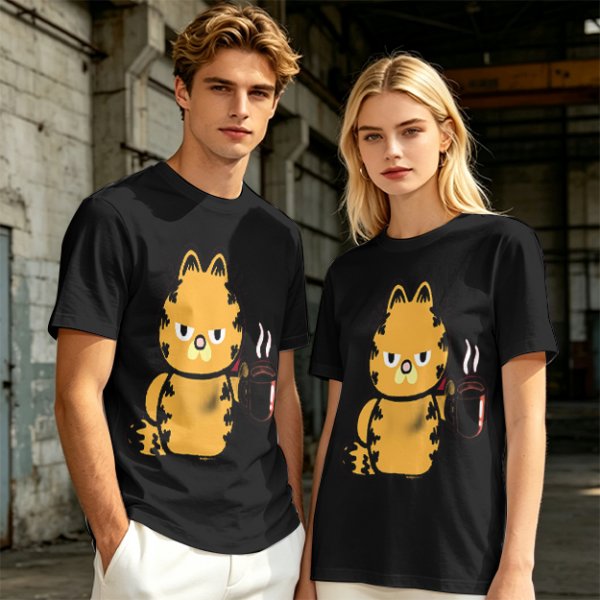 Olive T-Shirt With Grumpy Orange Cat Holding Hot Coffee Print