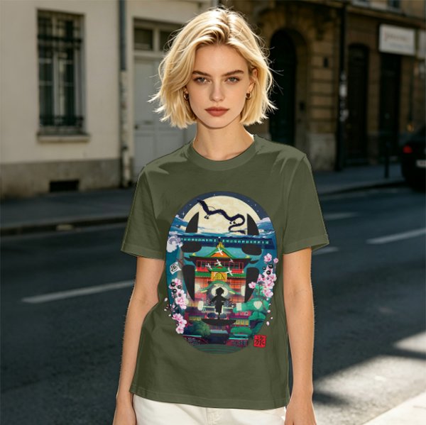 Spirited Away Bathhouse Graphic Tee with No Face and Dragon Art