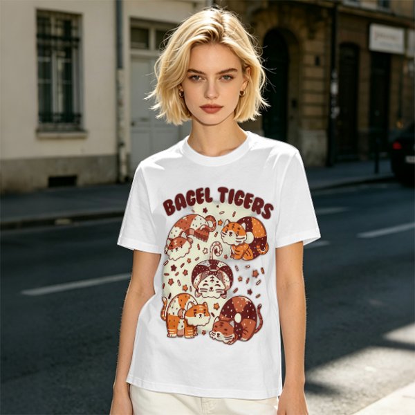 Olive Green T-Shirt With Cute Bagel Tigers Graphic Print