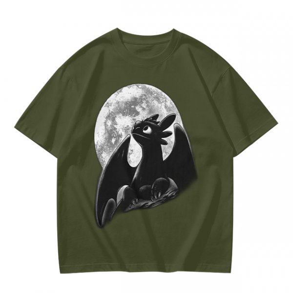 Olive T-Shirt Featuring Toothless Dragon Against Full Moon
