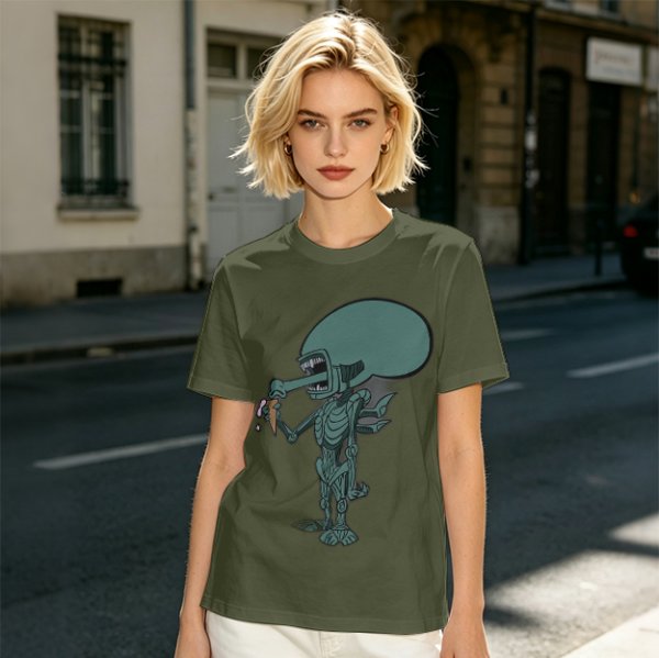 Olive T-Shirt With Alien Eating Ice Cream Graphic