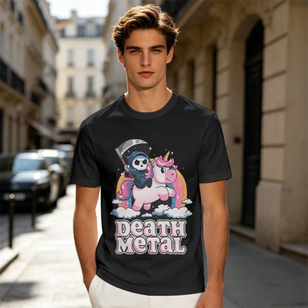Olive t-shirt with cute grim reaper riding unicorn and death metal graphic