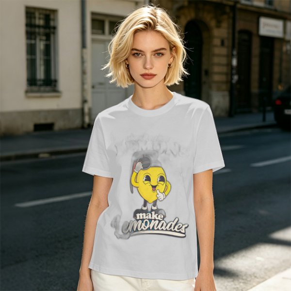 Olive green t-shirt with cheerful lemon mascot graphic and make lemonades text