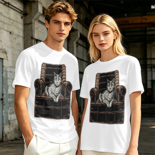 Olive Green T-Shirt With Cat In Armchair Graphic Print