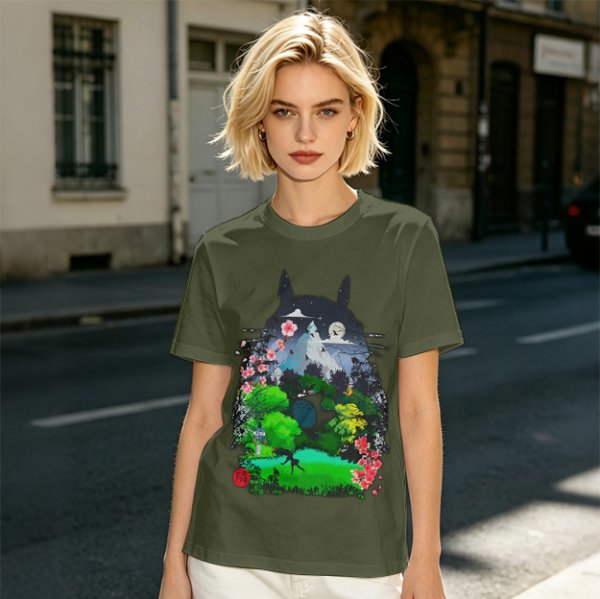 Olive Green T-Shirt with Totoro Nature Landscape Graphic Print