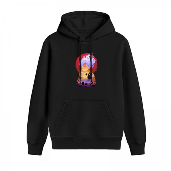 Black hoodie with anime character sunset landscape graphic