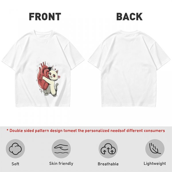 Olive T-Shirt With Cute White Cat Hugging Anatomical Heart Print